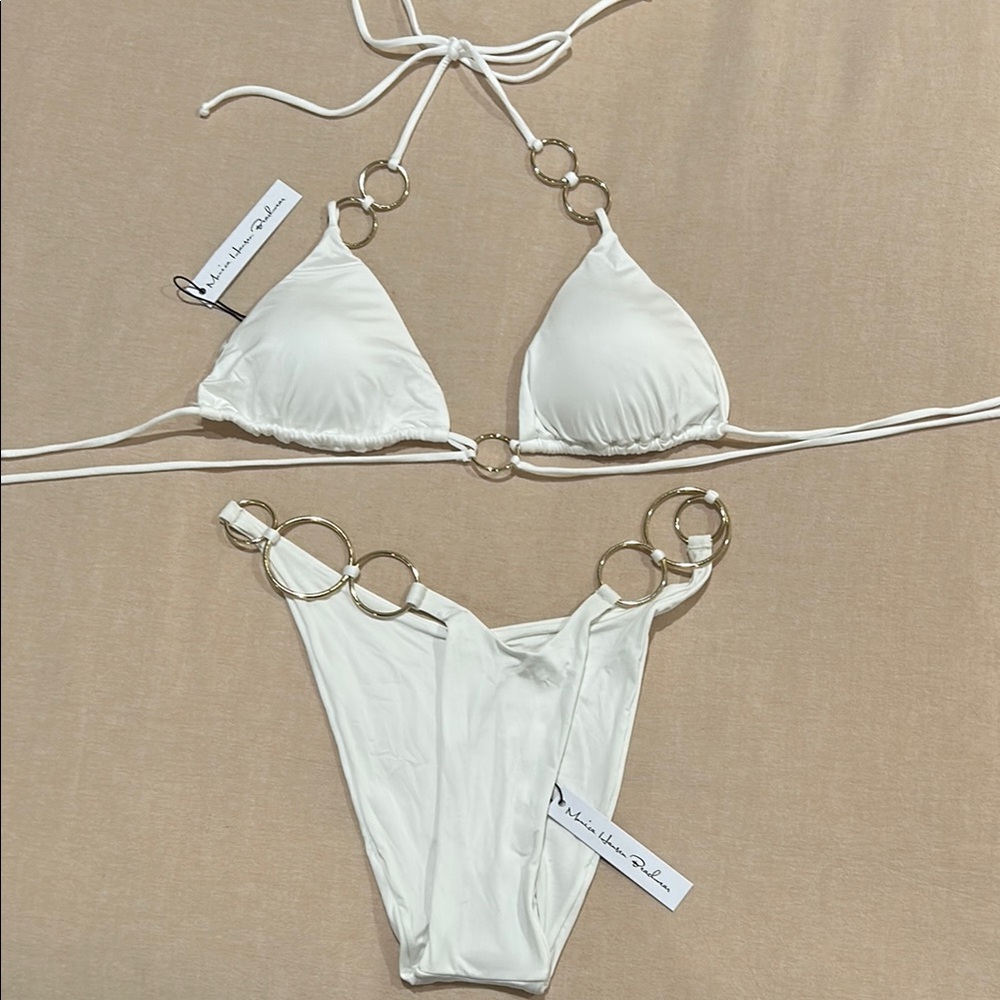 Monica Hansen White Bikini with Gold Accents